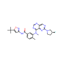 Cc1ccc(C(=O)Nc2cc(C(C)(C)C)on2)cc1N(C)c1ncnc2cnc(N3CC[C@H](F)C3)nc12 ZINC000148367214