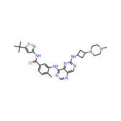 Cc1ccc(C(=O)Nc2cc(C(C)(C)C)on2)cc1Nc1ncnc2cnc(NC3CC(N4CCN(C)CC4)C3)nc12 ZINC000148372538