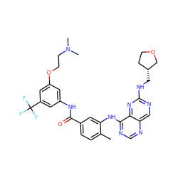 Cc1ccc(C(=O)Nc2cc(OCCN(C)C)cc(C(F)(F)F)c2)cc1Nc1ncnc2cnc(NC[C@@H]3CCOC3)nc12 ZINC000148162673