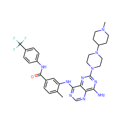 Cc1ccc(C(=O)Nc2ccc(C(F)(F)F)cc2)cc1Nc1ncnc2c(N)nc(N3CCN(C4CCN(C)CC4)CC3)nc12 ZINC000148028018