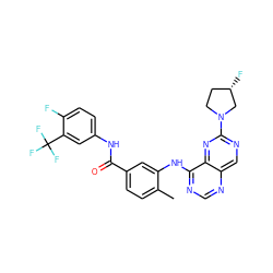 Cc1ccc(C(=O)Nc2ccc(F)c(C(F)(F)F)c2)cc1Nc1ncnc2cnc(N3CC[C@H](F)C3)nc12 ZINC000148231297