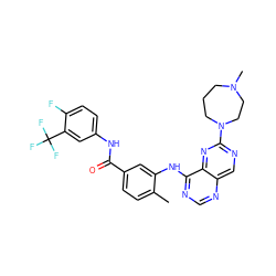 Cc1ccc(C(=O)Nc2ccc(F)c(C(F)(F)F)c2)cc1Nc1ncnc2cnc(N3CCCN(C)CC3)nc12 ZINC000140621981