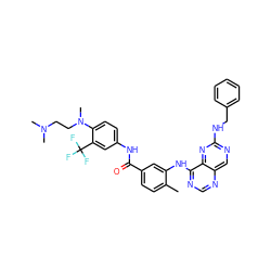 Cc1ccc(C(=O)Nc2ccc(N(C)CCN(C)C)c(C(F)(F)F)c2)cc1Nc1ncnc2cnc(NCc3ccccc3)nc12 ZINC000148152448