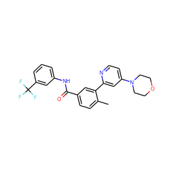 Cc1ccc(C(=O)Nc2cccc(C(F)(F)F)c2)cc1-c1cc(N2CCOCC2)ccn1 ZINC000220602645