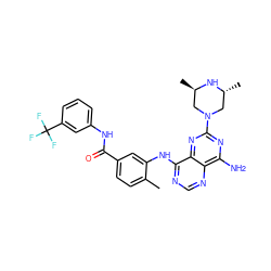 Cc1ccc(C(=O)Nc2cccc(C(F)(F)F)c2)cc1Nc1ncnc2c(N)nc(N3C[C@@H](C)N[C@H](C)C3)nc12 ZINC000148048539