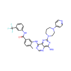 Cc1ccc(C(=O)Nc2cccc(C(F)(F)F)c2)cc1Nc1ncnc2c(N)nc(N3CCCN(c4ccncc4)CC3)nc12 ZINC000148047854