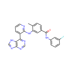 Cc1ccc(C(=O)Nc2cccc(F)c2)cc1Nc1ncccc1-c1ncnc2nc[nH]c12 ZINC000215319223