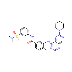 Cc1ccc(C(=O)Nc2cccc(S(=O)(=O)N(C)C)c2)cc1Nc1ncnc2cnc(N3CCCCC3)nc12 ZINC000148248183