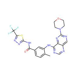 Cc1ccc(C(=O)Nc2nnc(C(F)(F)F)s2)cc1Nc1ncnc2cnc(N3CCOCC3)nc12 ZINC000148240386