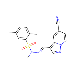 Cc1ccc(C)c(S(=O)(=O)N(C)/N=C/c2cnn3ccc(C#N)cc23)c1 ZINC000082150247