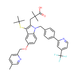 Cc1ccc(COc2ccc3c(c2)c(SC(C)(C)C)c(CC(C)(C)C(=O)O)n3Cc2ccc(-c3cc(C(F)(F)F)ccn3)cc2)nc1 ZINC000082137930