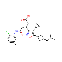 Cc1ccc(Cl)c(NC(=O)C[C@H](CC(=O)O)c2noc([C@H]3C[C@@H](CC(C)C)C3)c2C2CC2)c1 ZINC000299824205