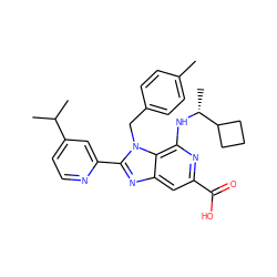 Cc1ccc(Cn2c(-c3cc(C(C)C)ccn3)nc3cc(C(=O)O)nc(N[C@H](C)C4CCC4)c32)cc1 ZINC000169708087