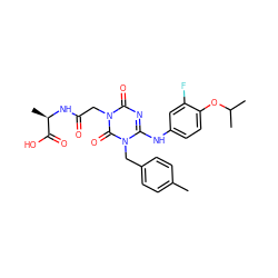 Cc1ccc(Cn2c(Nc3ccc(OC(C)C)c(F)c3)nc(=O)n(CC(=O)N[C@H](C)C(=O)O)c2=O)cc1 ZINC000204179480