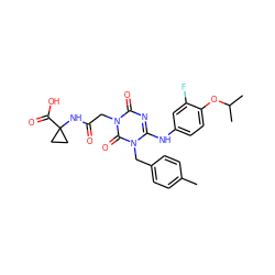Cc1ccc(Cn2c(Nc3ccc(OC(C)C)c(F)c3)nc(=O)n(CC(=O)NC3(C(=O)O)CC3)c2=O)cc1 ZINC000204179428
