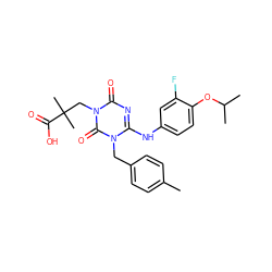 Cc1ccc(Cn2c(Nc3ccc(OC(C)C)c(F)c3)nc(=O)n(CC(C)(C)C(=O)O)c2=O)cc1 ZINC000200515712