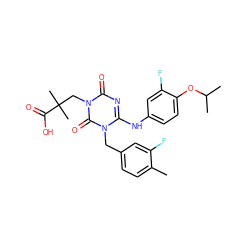 Cc1ccc(Cn2c(Nc3ccc(OC(C)C)c(F)c3)nc(=O)n(CC(C)(C)C(=O)O)c2=O)cc1F ZINC000200515049