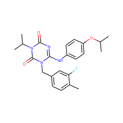 Cc1ccc(Cn2c(Nc3ccc(OC(C)C)cc3)nc(=O)n(C(C)C)c2=O)cc1F ZINC000200520817