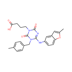 Cc1ccc(Cn2c(Nc3ccc4oc(C)cc4c3)nc(=O)n(CCCC(=O)O)c2=O)cc1 ZINC000200506287