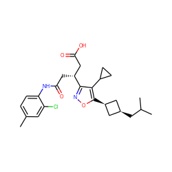 Cc1ccc(NC(=O)C[C@H](CC(=O)O)c2noc([C@H]3C[C@@H](CC(C)C)C3)c2C2CC2)c(Cl)c1 ZINC000299826534