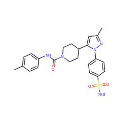 Cc1ccc(NC(=O)N2CCC(c3cc(C)nn3-c3ccc(S(N)(=O)=O)cc3)CC2)cc1 ZINC000096283717
