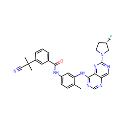 Cc1ccc(NC(=O)c2cccc(C(C)(C)C#N)c2)cc1Nc1ncnc2cnc(N3CC[C@H](F)C3)nc12 ZINC000147164867