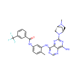 Cc1ccc(NC(=O)c2cccc(C(F)(F)F)c2)cc1Nc1ncnc2c(N)nc(N3C[C@H]4C[C@H]3CN4C)nc12 ZINC000166200637