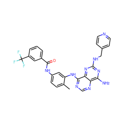 Cc1ccc(NC(=O)c2cccc(C(F)(F)F)c2)cc1Nc1ncnc2c(N)nc(NCc3ccncc3)nc12 ZINC000166142283