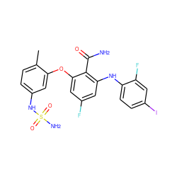 Cc1ccc(NS(N)(=O)=O)cc1Oc1cc(F)cc(Nc2ccc(I)cc2F)c1C(N)=O ZINC000653803692