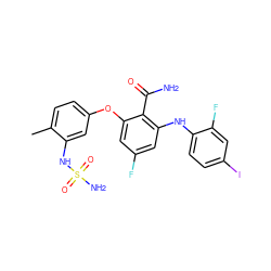 Cc1ccc(Oc2cc(F)cc(Nc3ccc(I)cc3F)c2C(N)=O)cc1NS(N)(=O)=O ZINC000653798252