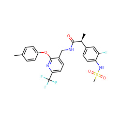 Cc1ccc(Oc2nc(C(F)(F)F)ccc2CNC(=O)[C@@H](C)c2ccc(NS(C)(=O)=O)c(F)c2)cc1 ZINC000096270909