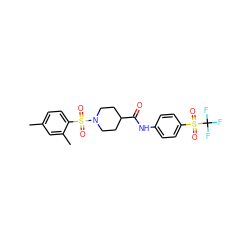 Cc1ccc(S(=O)(=O)N2CCC(C(=O)Nc3ccc(S(=O)(=O)C(F)(F)F)cc3)CC2)c(C)c1 ZINC000095596651