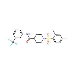 Cc1ccc(S(=O)(=O)N2CCC(C(=O)Nc3cccc(C(F)(F)F)c3)CC2)c(C)c1 ZINC000014429912