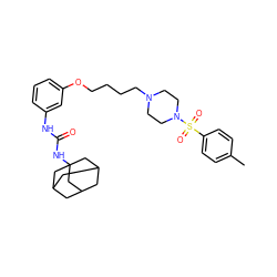 Cc1ccc(S(=O)(=O)N2CCN(CCCCOc3cccc(NC(=O)NC45CC6CC(CC(C6)C4)C5)c3)CC2)cc1 ZINC000066251477