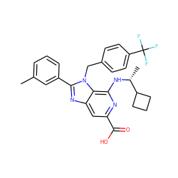 Cc1cccc(-c2nc3cc(C(=O)O)nc(N[C@H](C)C4CCC4)c3n2Cc2ccc(C(F)(F)F)cc2)c1 ZINC000169708086