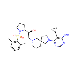Cc1cccc(C)c1S(=O)(=O)N1CCC[C@@H]1[C@@H](O)CN1CCC[C@@]2(CCN(c3ncnc(N)c3C3CC3)C2)C1 ZINC000071329551