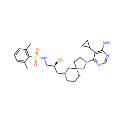Cc1cccc(C)c1S(=O)(=O)NC[C@@H](O)CN1CCC[C@@]2(CCN(c3ncnc(N)c3C3CC3)C2)C1 ZINC000071317399