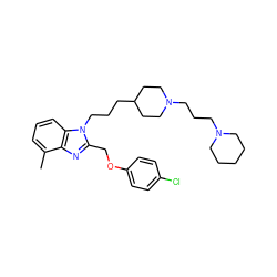 Cc1cccc2c1nc(COc1ccc(Cl)cc1)n2CCCC1CCN(CCCN2CCCCC2)CC1 ZINC000003828202