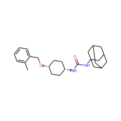Cc1ccccc1CO[C@H]1CC[C@@H](NC(=O)NC23CC4CC(CC(C4)C2)C3)CC1 ZINC000101140197