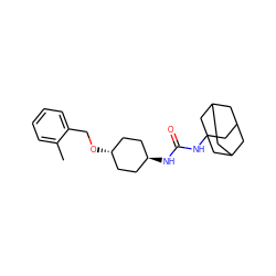 Cc1ccccc1CO[C@H]1CC[C@H](NC(=O)NC23CC4CC(CC(C4)C2)C3)CC1 ZINC000101140195