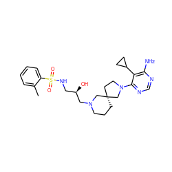 Cc1ccccc1S(=O)(=O)NC[C@@H](O)CN1CCC[C@@]2(CCN(c3ncnc(N)c3C3CC3)C2)C1 ZINC000071329318