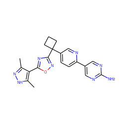 Cc1n[nH]c(C)c1-c1nc(C2(c3ccc(-c4cnc(N)nc4)nc3)CCC2)no1 ZINC000096175508