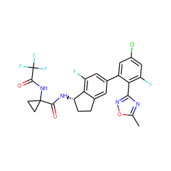 Cc1nc(-c2c(F)cc(Cl)cc2-c2cc(F)c3c(c2)CC[C@@H]3NC(=O)C2(NC(=O)C(F)(F)F)CC2)no1 ZINC000169697135