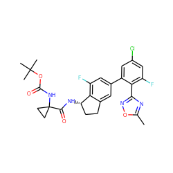 Cc1nc(-c2c(F)cc(Cl)cc2-c2cc(F)c3c(c2)CC[C@@H]3NC(=O)C2(NC(=O)OC(C)(C)C)CC2)no1 ZINC000169697150
