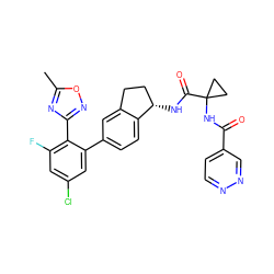 Cc1nc(-c2c(F)cc(Cl)cc2-c2ccc3c(c2)CC[C@@H]3NC(=O)C2(NC(=O)c3ccnnc3)CC2)no1 ZINC000142248336