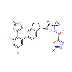 Cc1nc(-c2c(F)cc(Cl)cc2-c2ccc3c(c2)CC[C@@H]3NC(=O)C2(NC(=O)c3nnc(C)o3)CC2)no1 ZINC000142233794