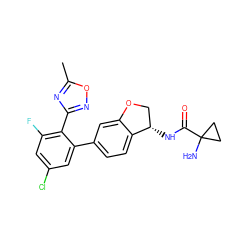Cc1nc(-c2c(F)cc(Cl)cc2-c2ccc3c(c2)OC[C@@H]3NC(=O)C2(N)CC2)no1 ZINC000169697154