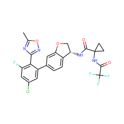 Cc1nc(-c2c(F)cc(Cl)cc2-c2ccc3c(c2)OC[C@@H]3NC(=O)C2(NC(=O)C(F)(F)F)CC2)no1 ZINC000169697141