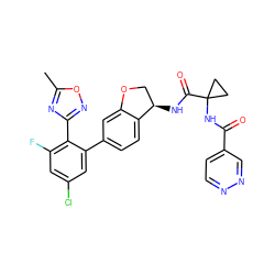 Cc1nc(-c2c(F)cc(Cl)cc2-c2ccc3c(c2)OC[C@H]3NC(=O)C2(NC(=O)c3ccnnc3)CC2)no1 ZINC000142295994