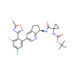 Cc1nc(-c2c(F)cc(Cl)cc2-c2cnc3c(c2)CC[C@H]3NC(=O)C2(NC(=O)OC(C)(C)C)CC2)no1 ZINC000142262965